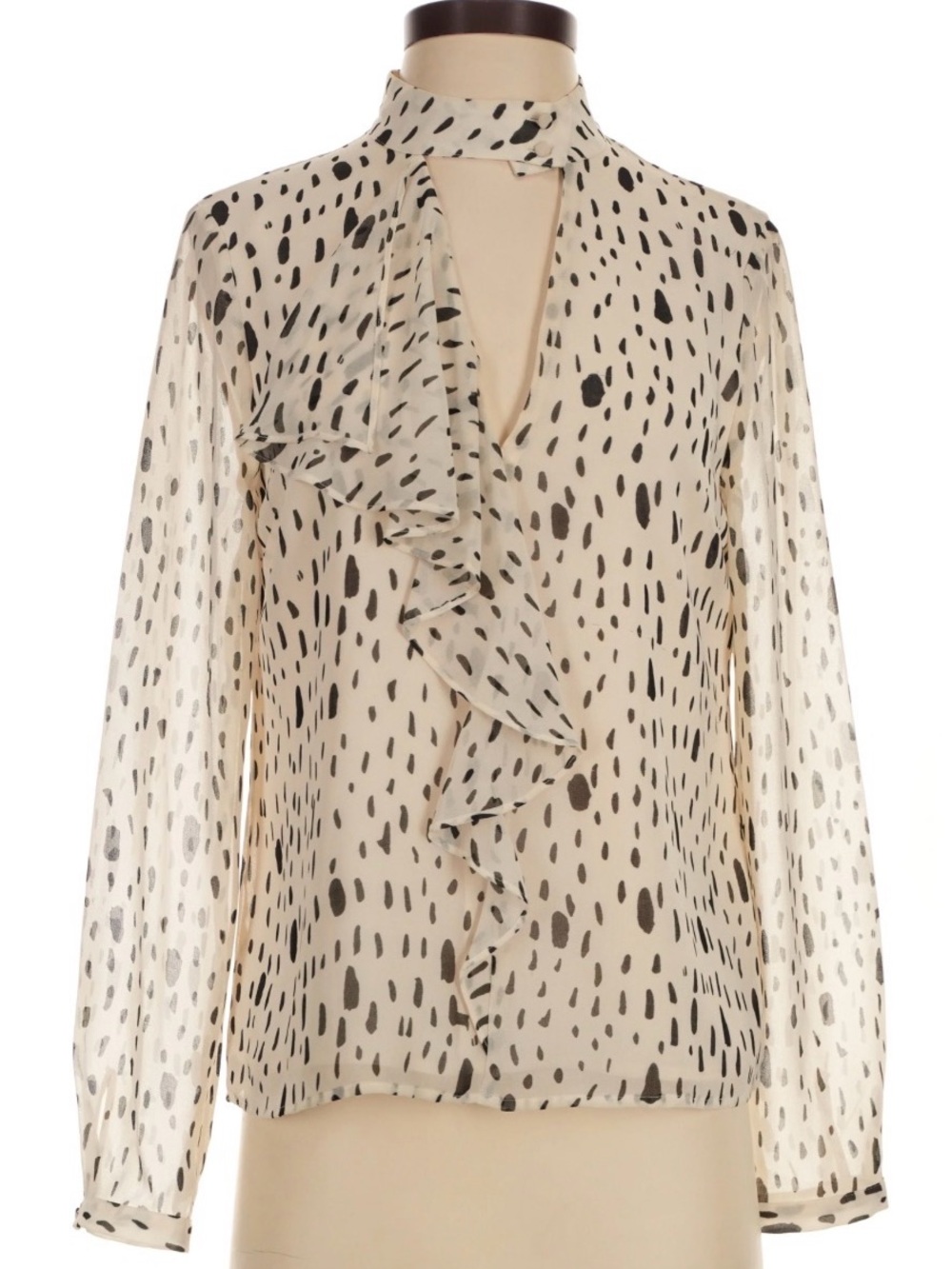 Avec Les Filles Cream and Black Dot Ruffle-Front Button-Down Shirt
